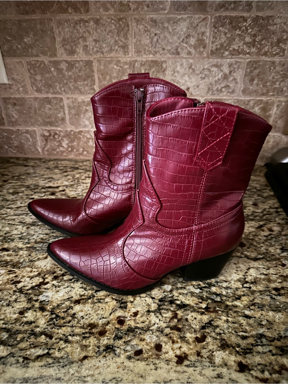 Women’s Burgundy Croc-Embossed Western Ankle Boots